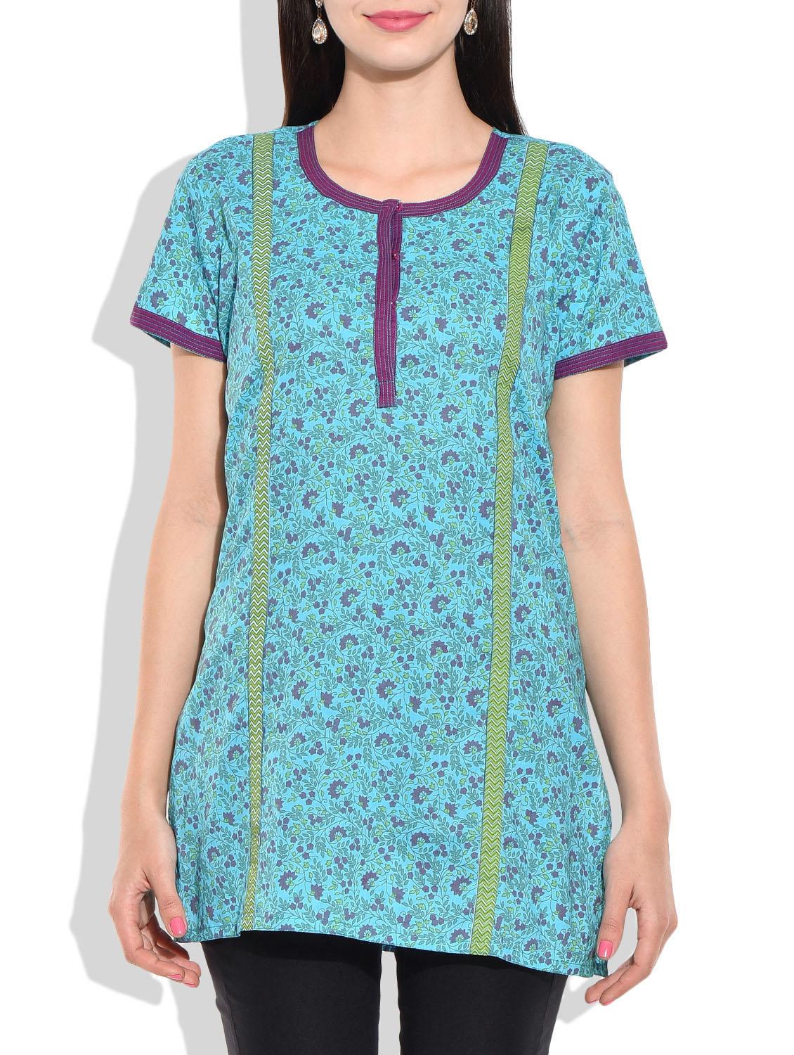 turquoise multi cotton kurti