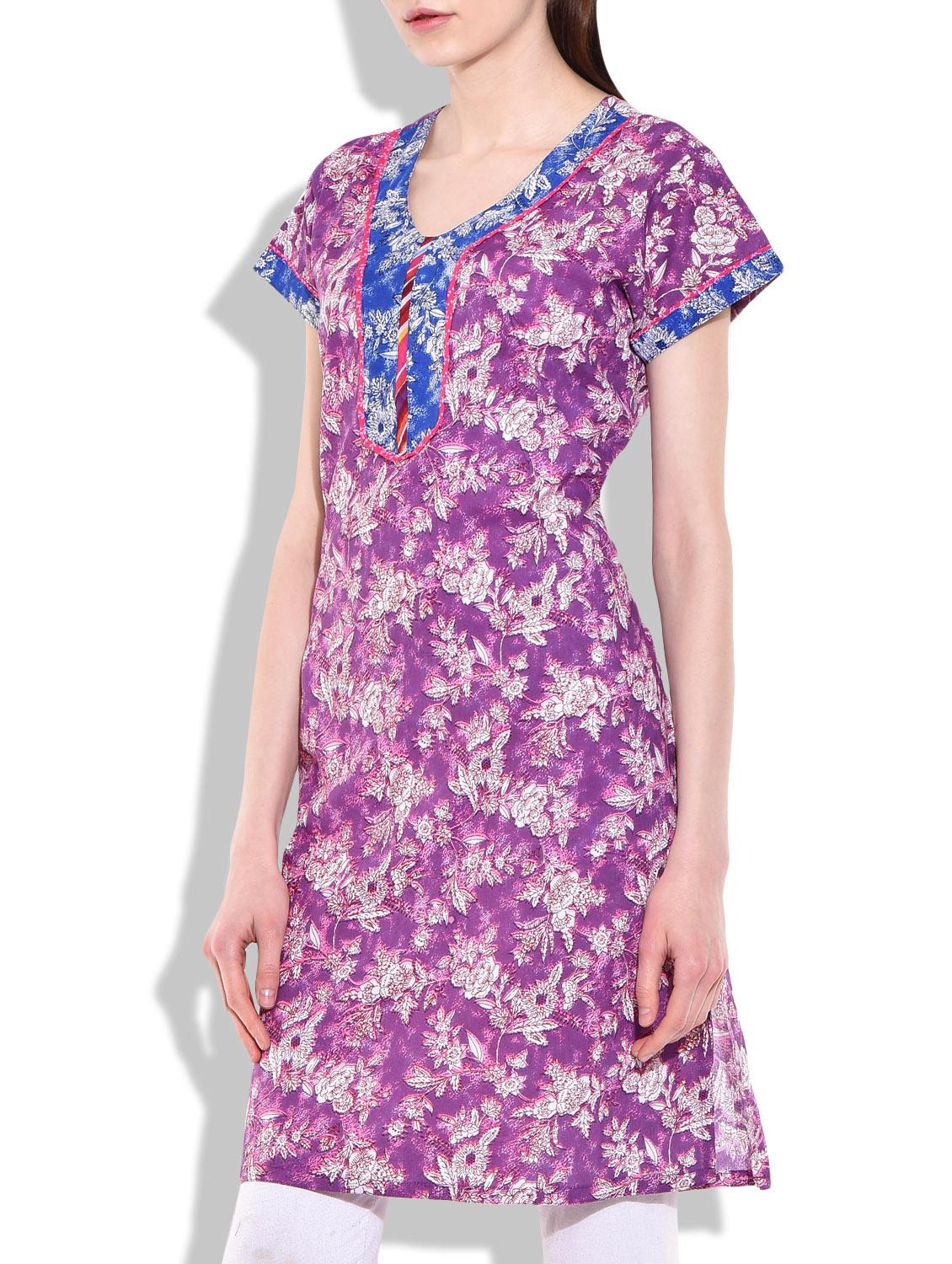 purple cotton straight kurta - 10015610 - Zoom Image - 2