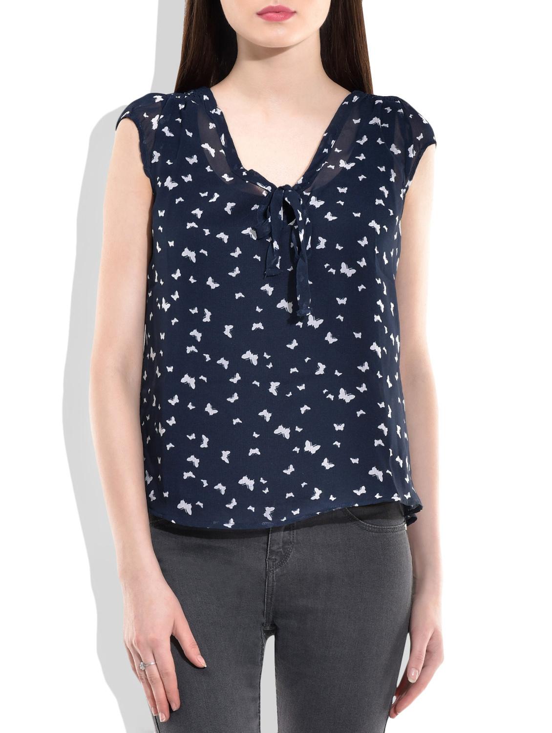 navy blue,white poly georgette top