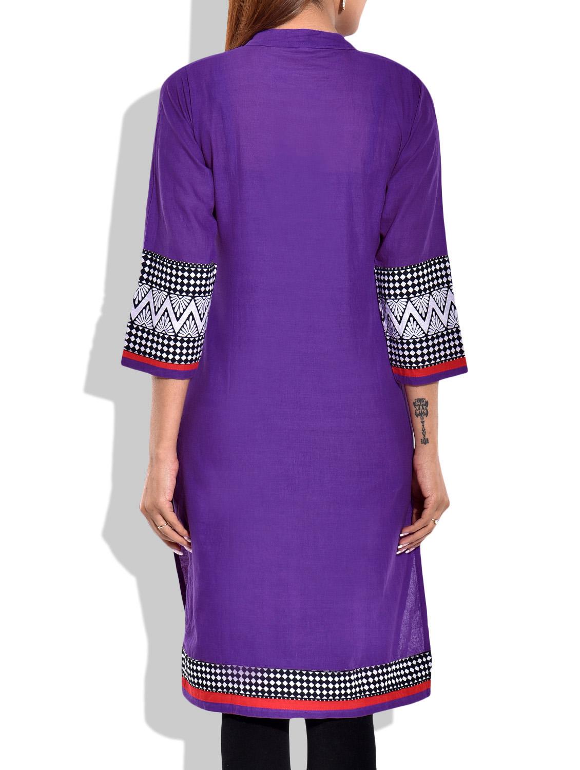 purple colored cotton printed kurta - 1002152 - Zoom Image - 3