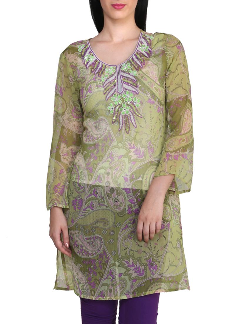 green chiffon straight kurta - 10024412 - Zoom Image - 1