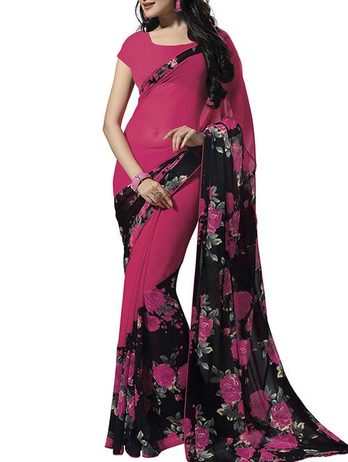 ishin georgette pink & black printed party wear saree - 10032051 - Standard Image - 1
