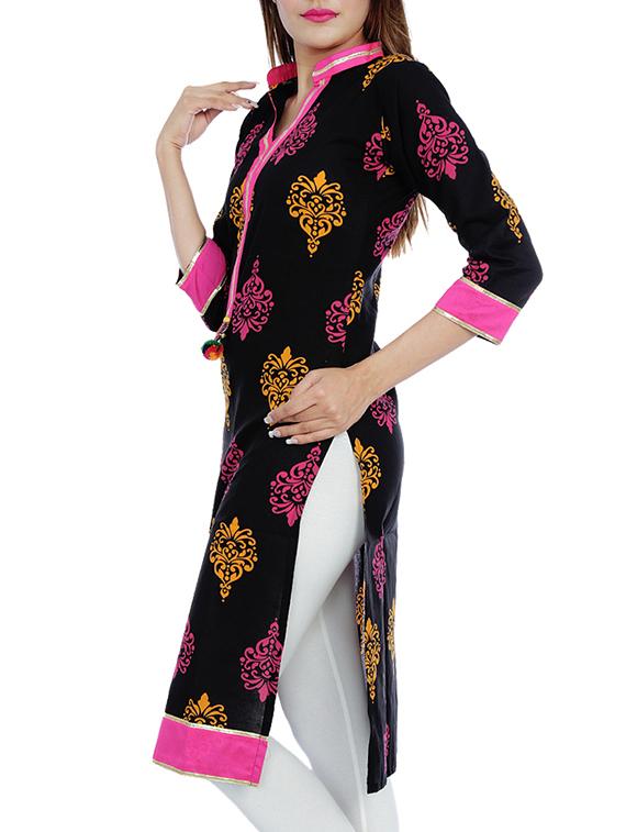 black cotton printed straight kurta - 10033957 - Zoom Image - 2