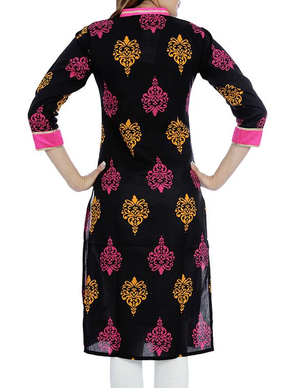 black cotton printed straight kurta - 10033957 - Zoom Image - 3