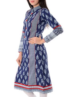 indigo cotton printed a-line kurta - 10033982 - Standard Image - 2