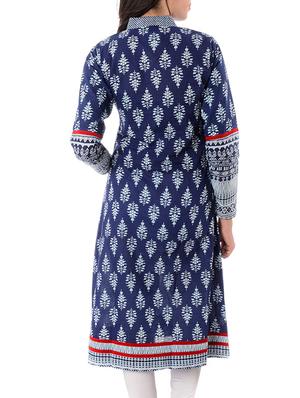 indigo cotton printed a-line kurta - 10033982 - Standard Image - 3