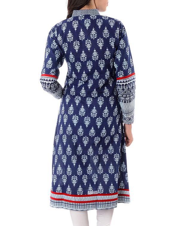 indigo cotton printed a-line kurta - 10033982 - Zoom Image - 3