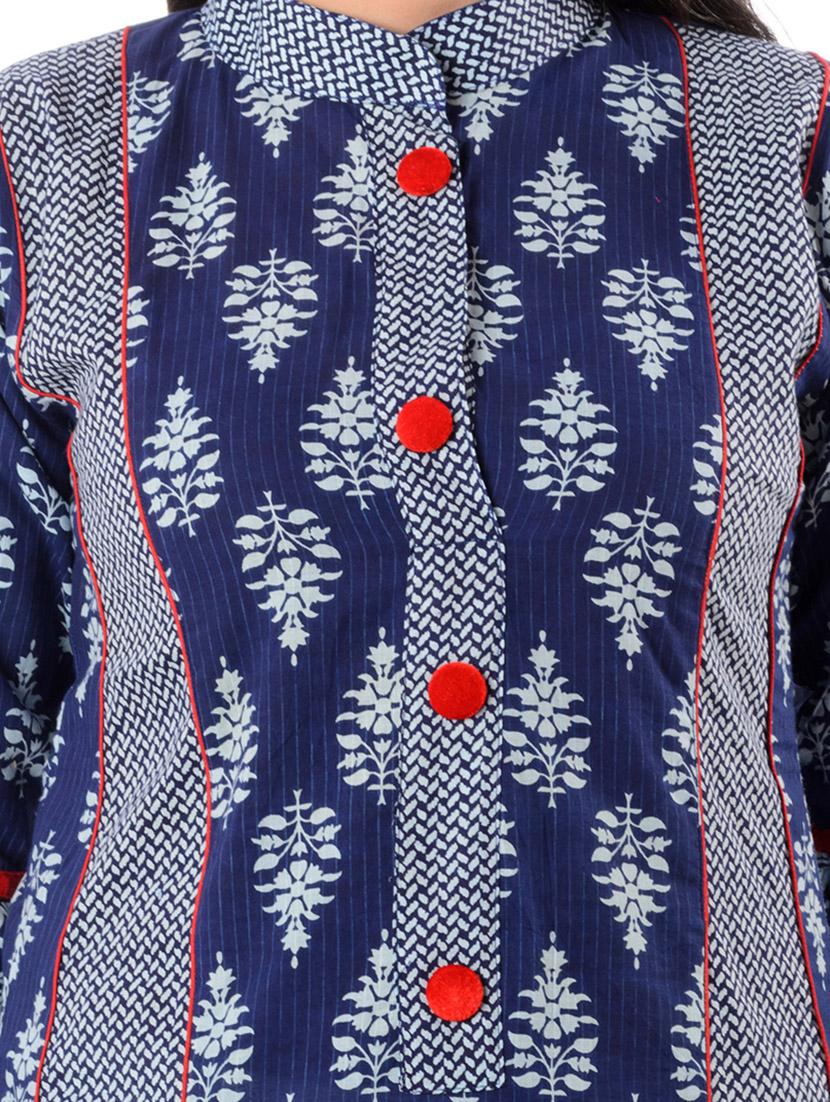 indigo cotton printed a-line kurta - 10033982 - Zoom Image - 4