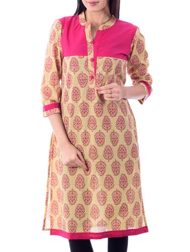 beige cotton straight kurta - 10039527 - Very Small Image - 1