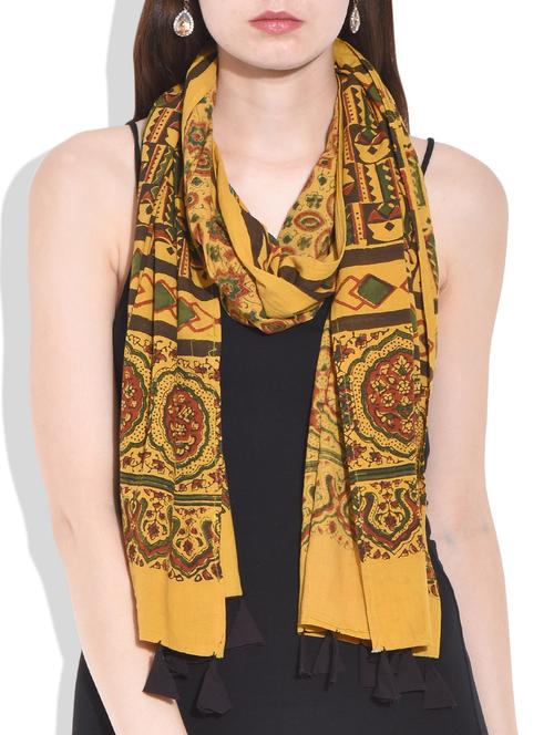 Yellow Ajrakh block printed Natural dye Stole - 10044230 - Very Small Image - 1