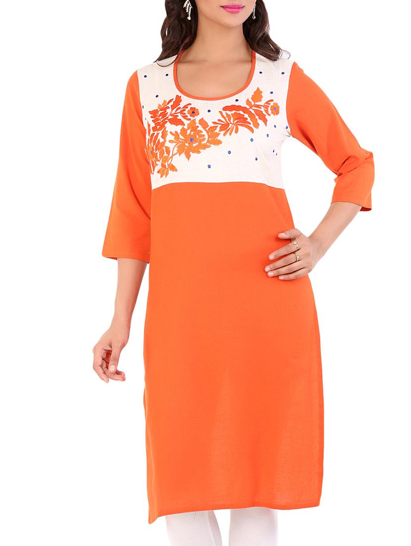 dark orange cotton straight kurta - 10103376 - Zoom Image - 1