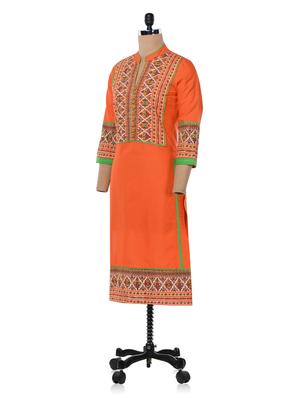 printed orange kurta with mirror work - 1010530 - Standard Image - 2