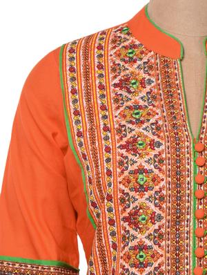 printed orange kurta with mirror work - 1010530 - Standard Image - 4