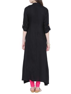black rayon high-slit kurta - 10125208 - Standard Image - 3