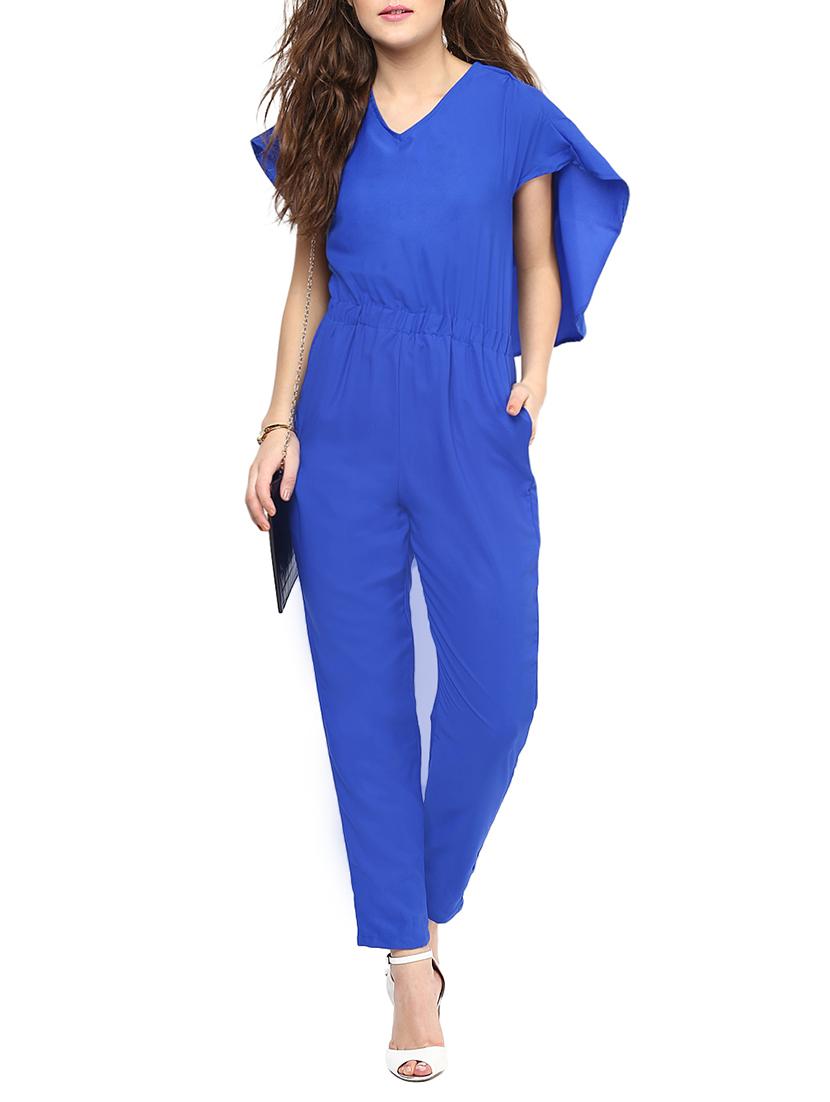  blue solid cap sleeve jumpsuit