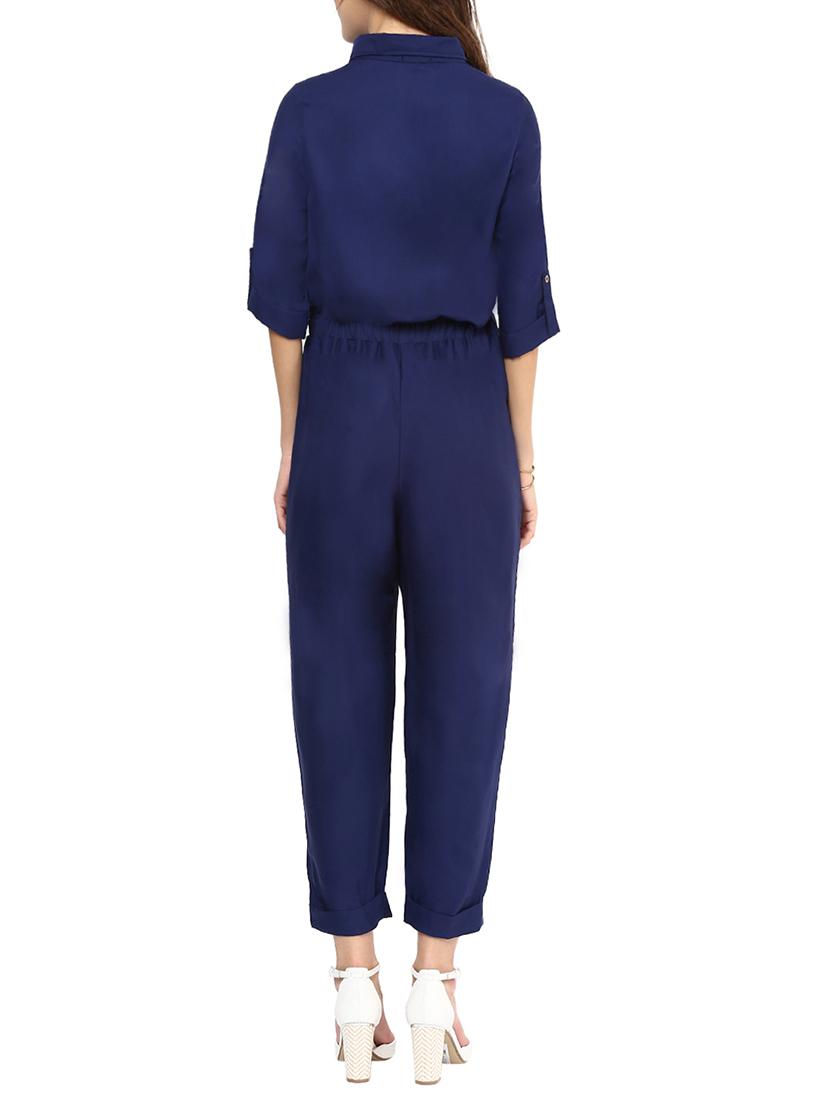 navy solid collared jumpsuit - 10155768 - Zoom Image - 3