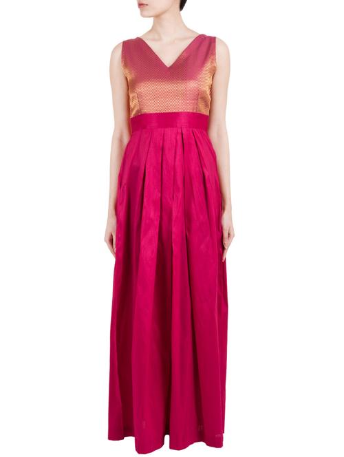 Pink raw silk v-neck maxi dress - 10157302 - Very Small Image - 1