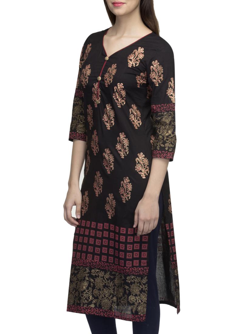 black cotton block printed straight kurta - 10157388 - Zoom Image - 2