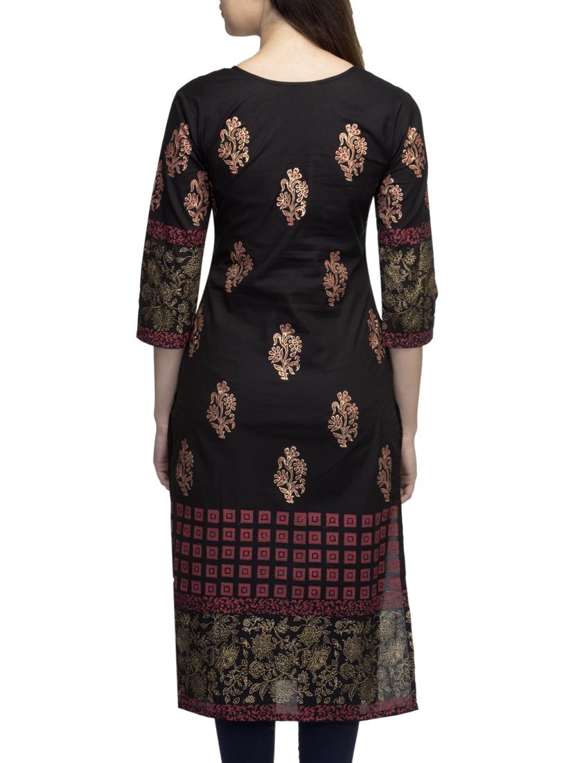 black cotton block printed straight kurta - 10157388 - Zoom Image - 3