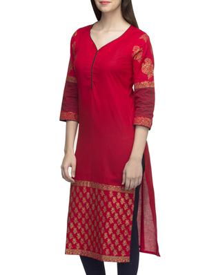 red cotton block printed straight kurta - 10157391 - Standard Image - 2