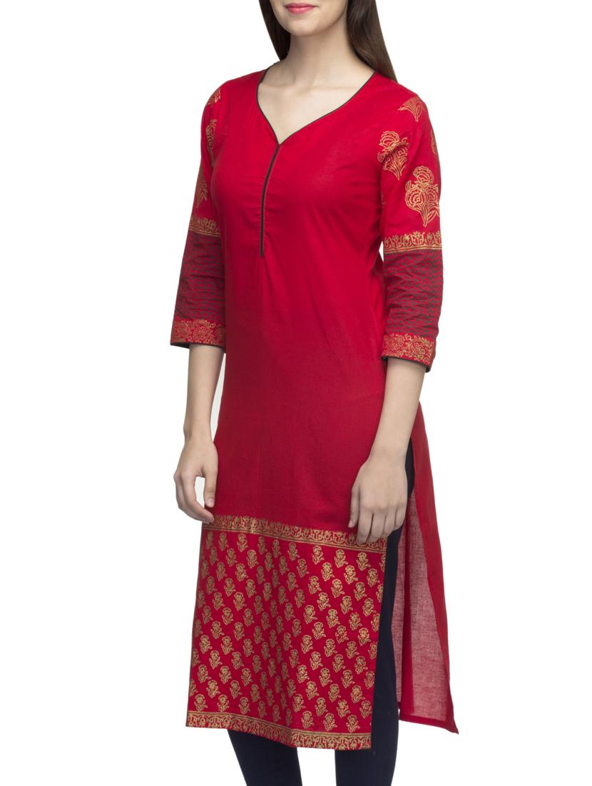 red cotton block printed straight kurta - 10157391 - Zoom Image - 2