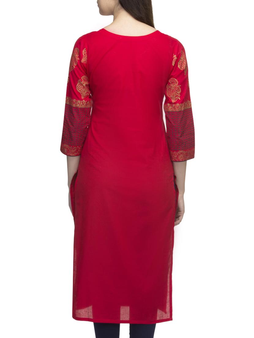 red cotton block printed straight kurta - 10157391 - Zoom Image - 3