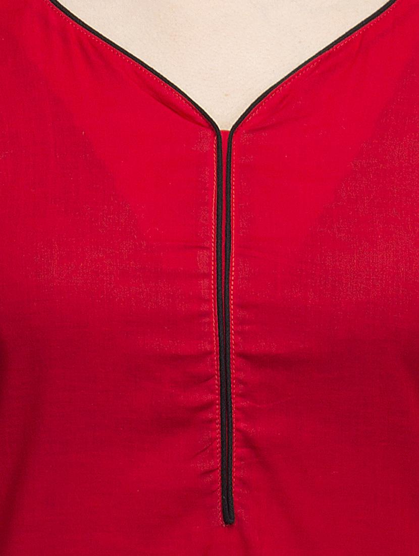 red cotton block printed straight kurta - 10157391 - Zoom Image - 4