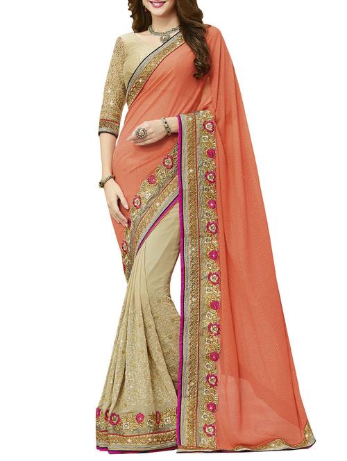 peach georgette half & half saree with blouse - 10163851 - Very Small Image - 1