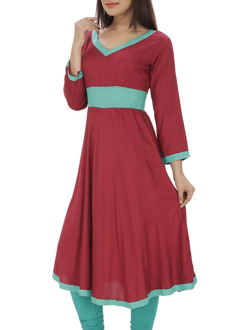 maroon rayon flared kurta - 10170616 - Zoom Image - 2