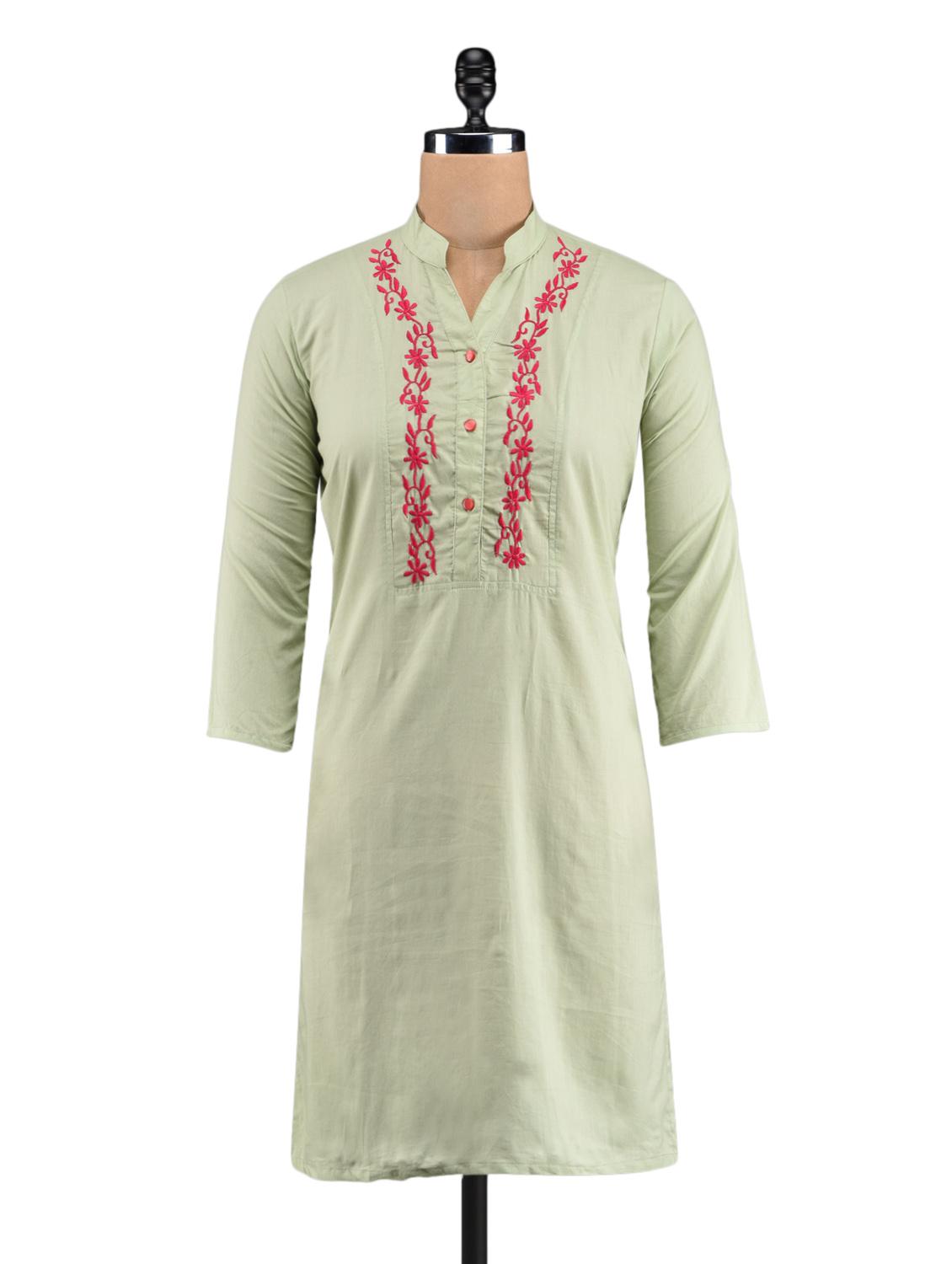 pastel green embroidered collared kurti - 1023869 - Zoom Image - 1