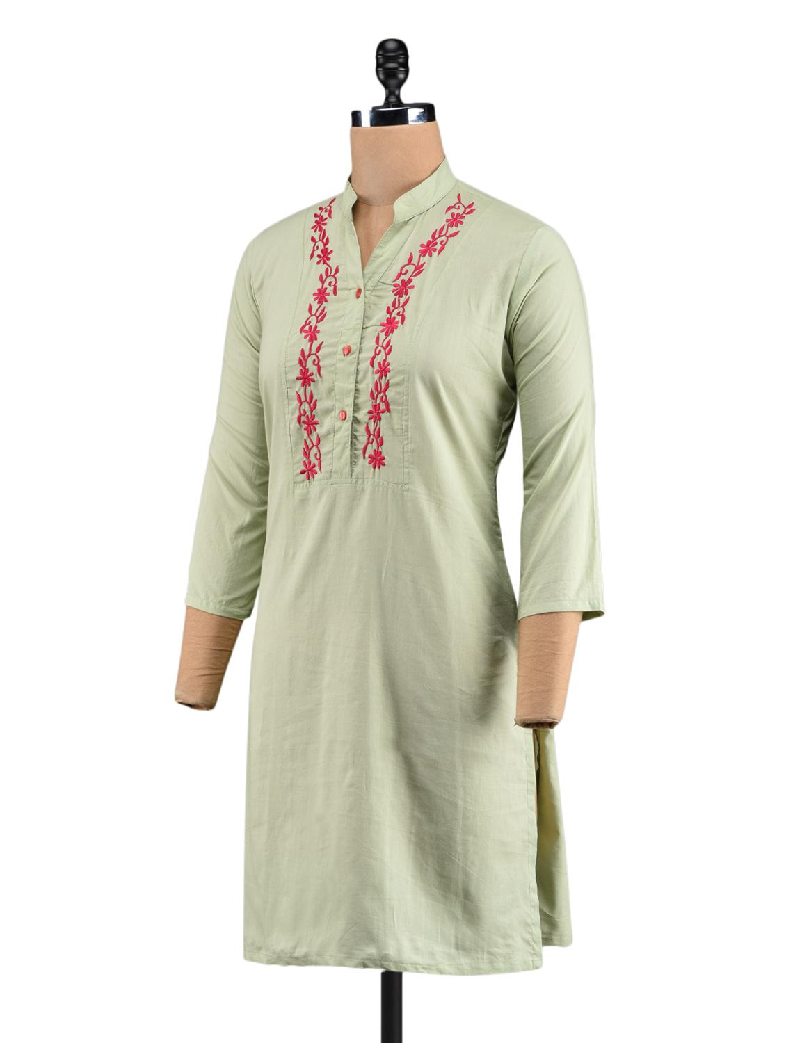pastel green embroidered collared kurti - 1023869 - Zoom Image - 2