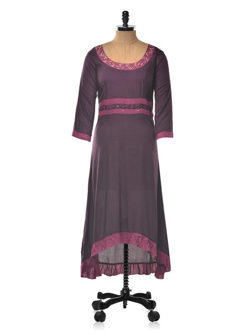 purple color rayon round neck asymmetric kurta - 1023885 - Standard Image - 1