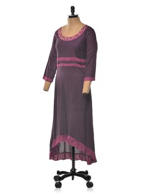 purple color rayon round neck asymmetric kurta - 1023885 - Standard Image - 2