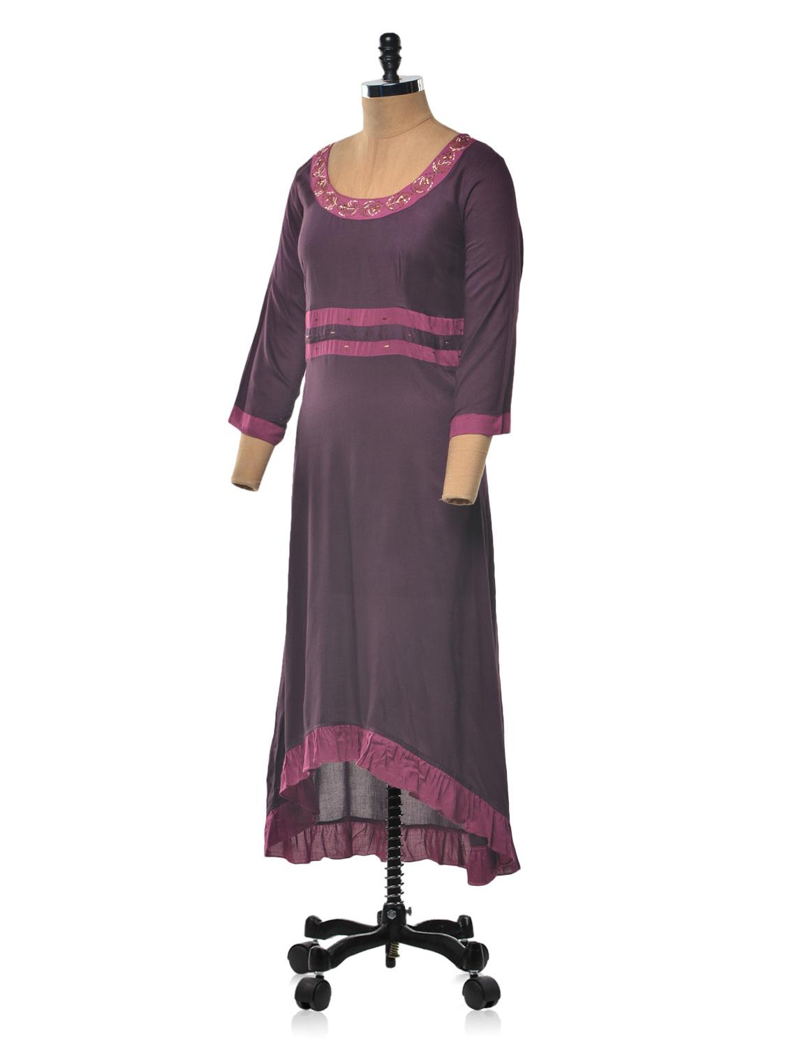 purple color rayon round neck asymmetric kurta - 1023885 - Zoom Image - 2