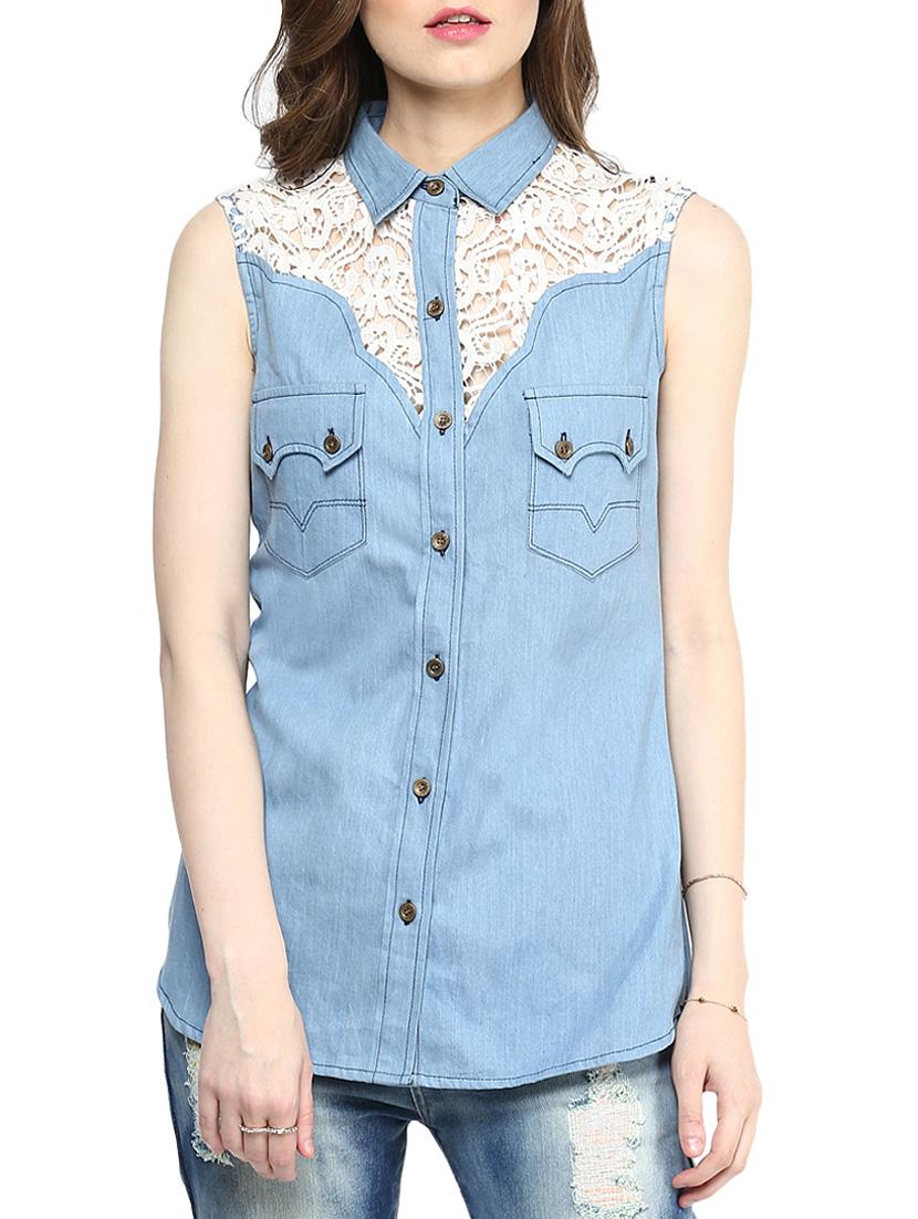 blue , white denim shirt