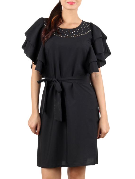 flutter sleeved belted dress - 10296514 - Zoom Image - 1