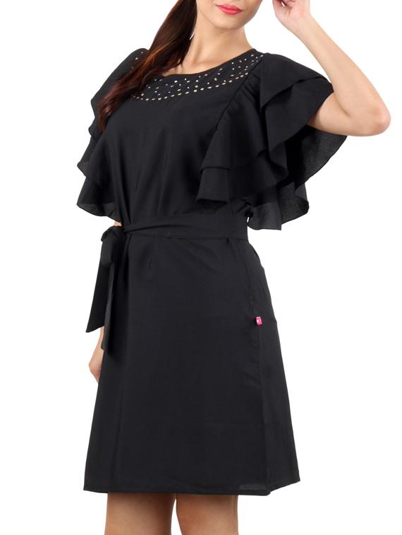 flutter sleeved belted dress - 10296514 - Zoom Image - 2