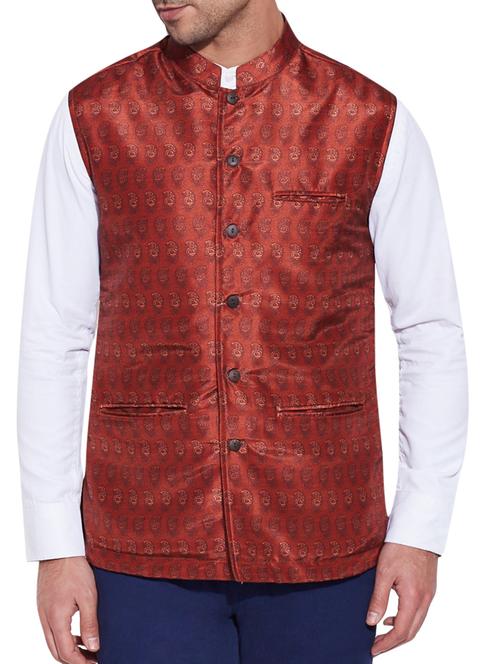 brown cotton nehru jacket - 10326639 - Standard Image - 1