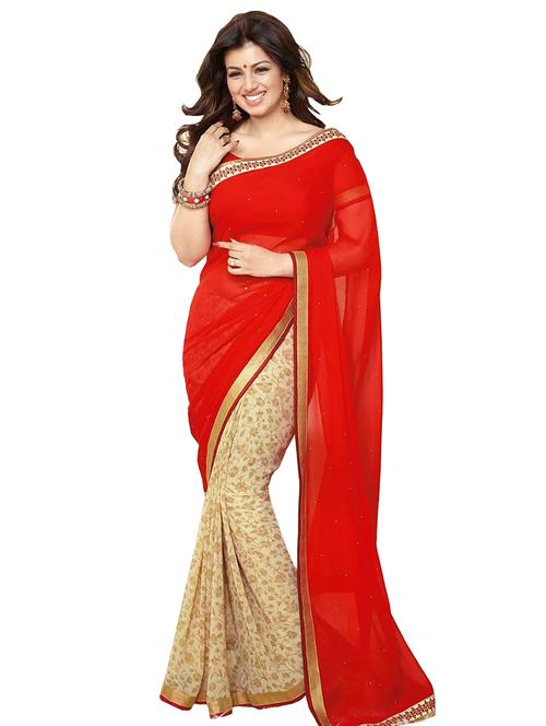 orange, biege georgette saree - 10348654 - Very Small Image - 1