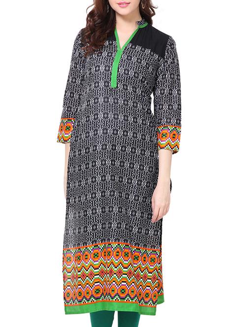 black, green cotton kurta - 10352912 - Standard Image - 1