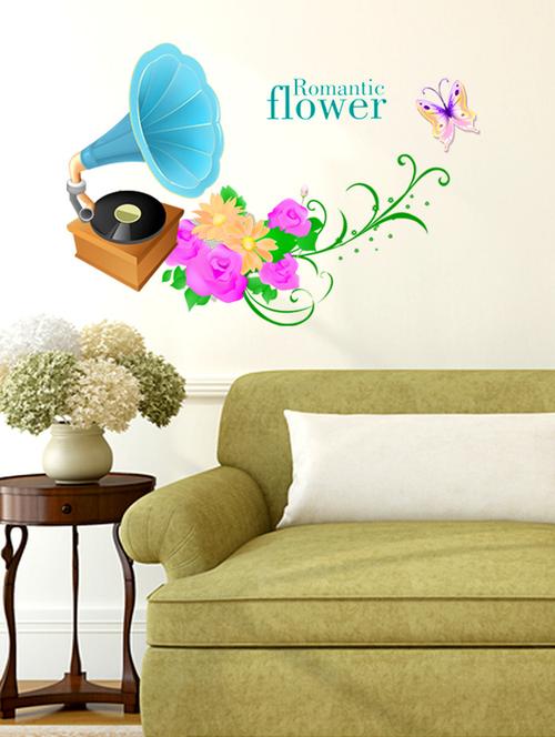 Wall Stickers Antique Gramophone with Musical Notes Flowers Blowing Home Decor - 10357428 - Very Small Image - 1