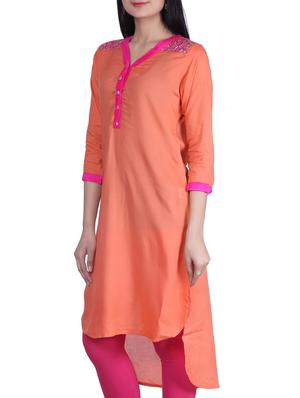 orange cotton highlow kurta - 10364528 - Standard Image - 2