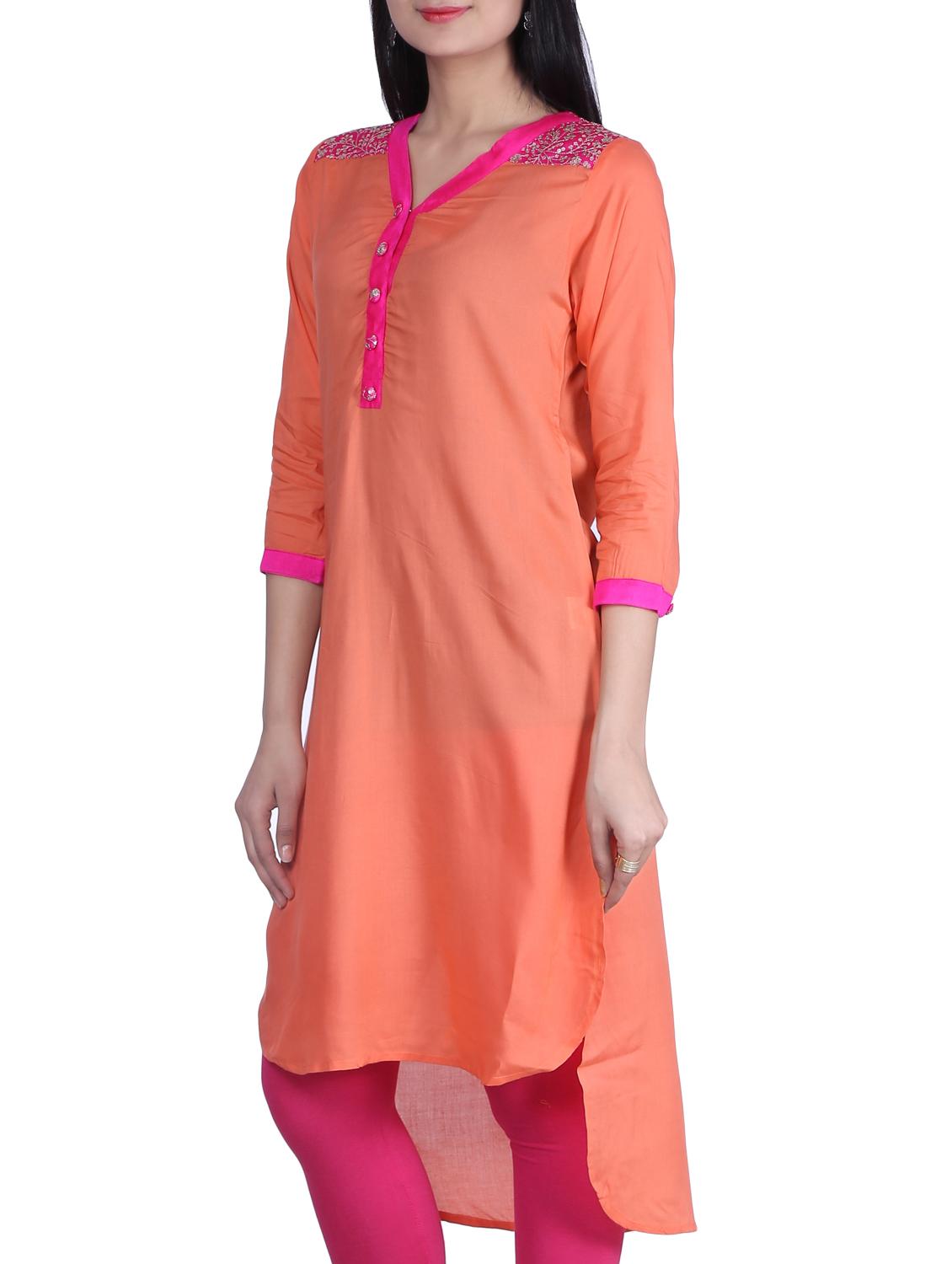 orange cotton highlow kurta - 10364528 - Zoom Image - 2