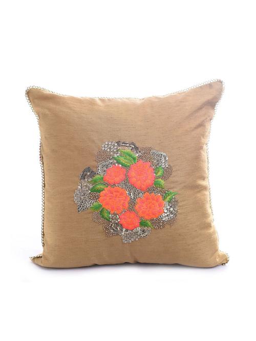 gold embroidered and embellished filled cushion - 10385282 - Standard Image - 1