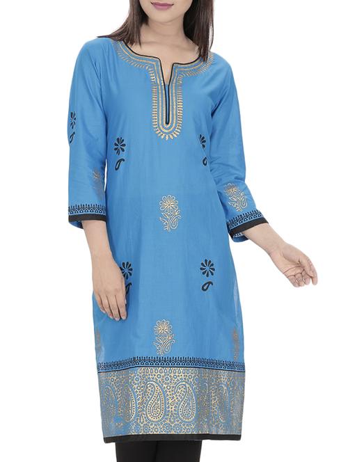 blue cotton straight kurta - 10474167 - Standard Image - 1