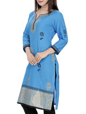 blue cotton straight kurta - 10474167 - Standard Image - 2