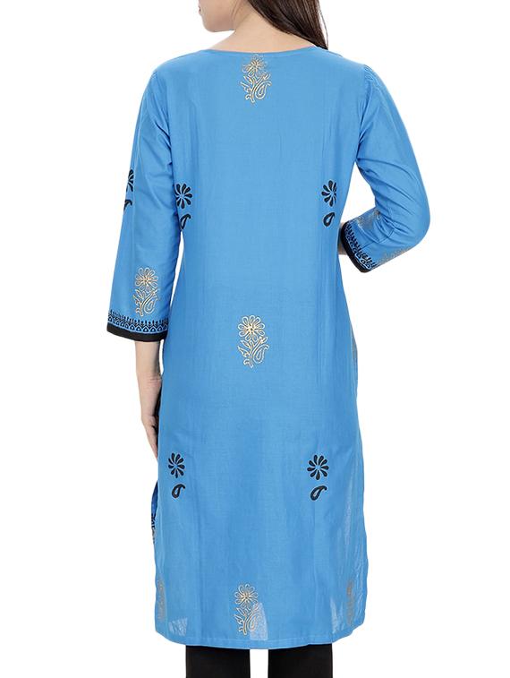 blue cotton straight kurta - 10474167 - Zoom Image - 3