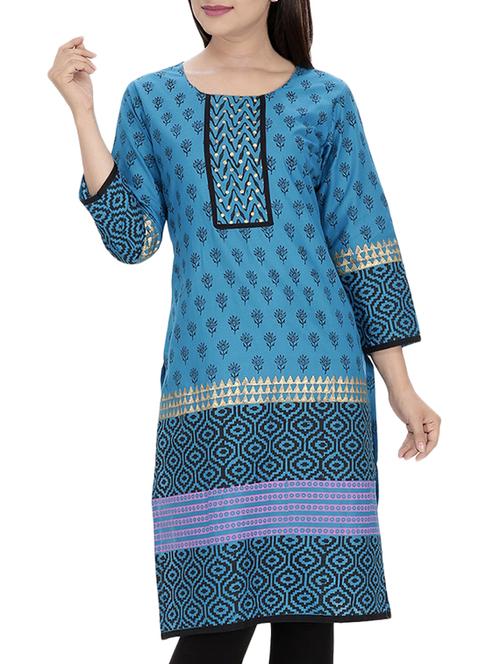 blue cotton straight kurta - 10474168 - Standard Image - 1