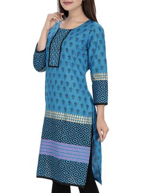 blue cotton straight kurta - 10474168 - Standard Image - 2