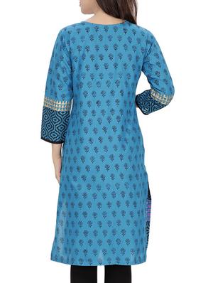 blue cotton straight kurta - 10474168 - Standard Image - 3